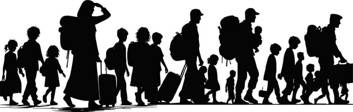 Silhouette of war refugees walking with luggage and children vector style on white background
