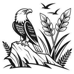 Obraz premium An eagle perched on a tree branch in a natural setting with its wings spread, showcasing its feathers and sharp beak 