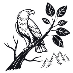 Naklejka premium An eagle perched on a tree branch in a natural setting with its wings spread, showcasing its feathers and sharp beak 