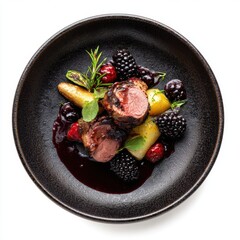 Gourmet dish featu seared meat medallion garnished with fresh berries, herbs, and colorful vegetables on a black ceramic plate, fine dining presentation
