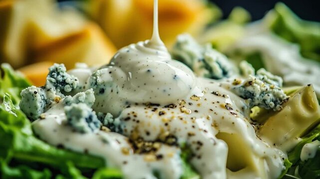 Blue Cheese Dressing Pouring on Pasta Salad