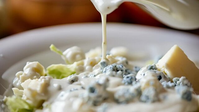 Blue Cheese Dressing Pouring on Pasta Salad