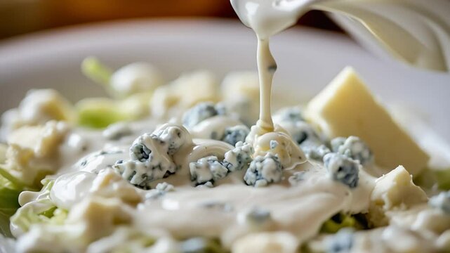 Blue Cheese Dressing Pouring on Pasta Salad