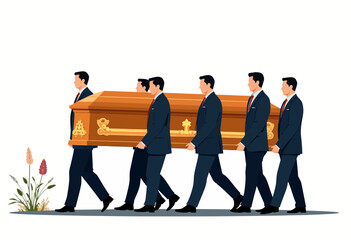 Group of men carrying a wooden coffin in formal attire outdoors  