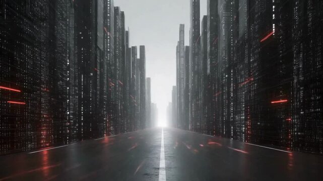 virtual city with highway into raising sun direction; concept of crypto, cryptocurrency, blockchain, bitcoin,metaverse, bankless world