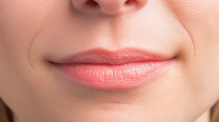 Fototapeta premium Soft lips close up with smooth skin texture and natural pink color, showing gentle smile and healthy appearance in detailed macro portrait image