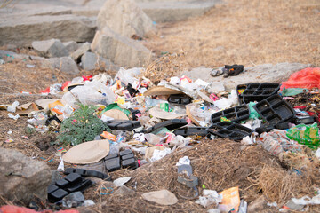 Waste on the street in India, plastic pollution and environment damage, garbage dump in Hampi,...
