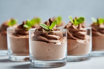 Elegant chocolate mousse desserts served in clear glasses, garnished with fresh mint leaves, presented in a light and inviting food photography style.