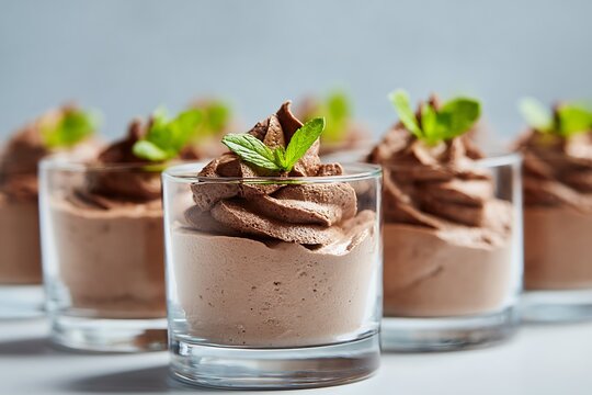 Elegant chocolate mousse desserts served in clear glasses, garnished with fresh mint leaves, presented in a light and inviting food photography style.