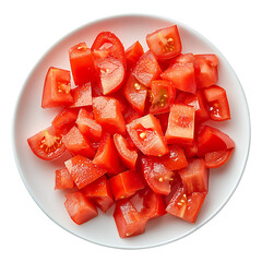 Chopped tomato cubes on white plate isolated on transparent background