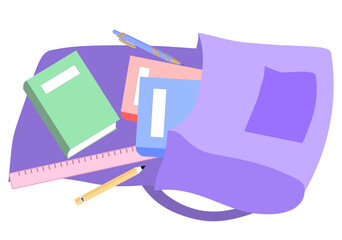 Student Backpack Open with Books, Pencils, and Ruler Spilled Out