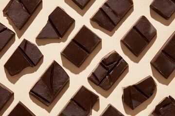 Fototapeta premium A minimalist flat lay of dark chocolate pieces arranged diagonally on a beige background, creating a delicious and elegant pattern.