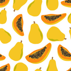Papaya Seamless Pattern, Tropical Fruit Vector Background, Summer Exotic Repeat Design