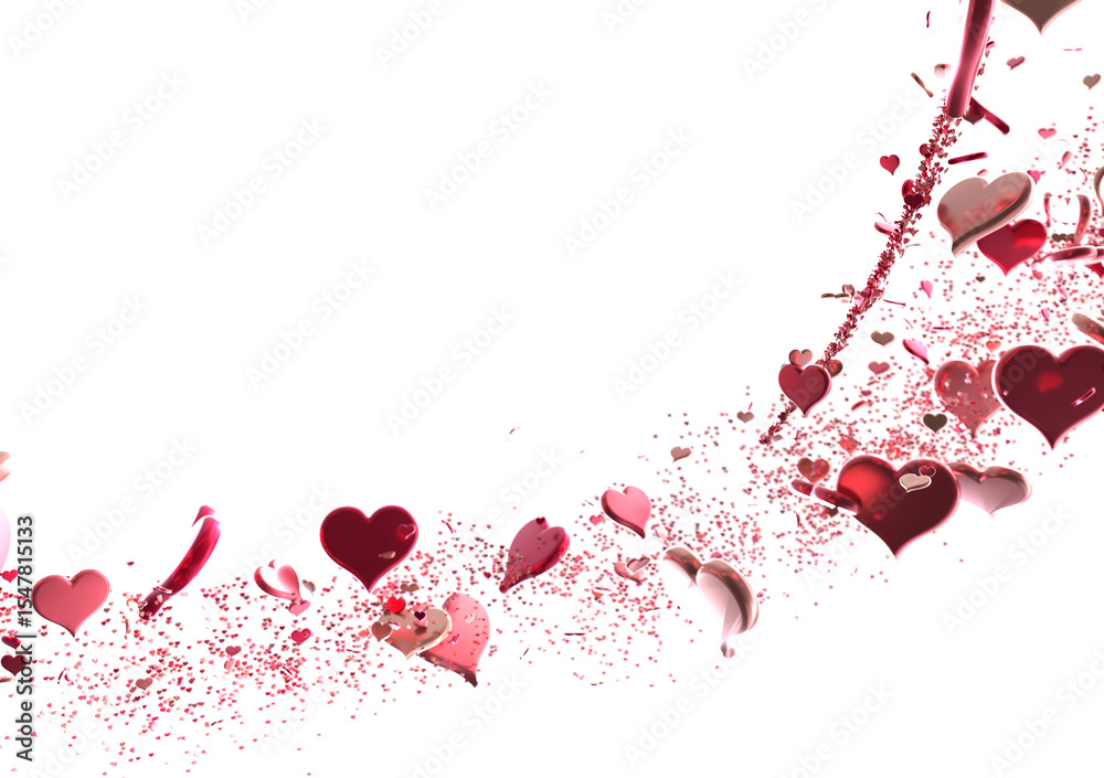 Poster falling red and pink hearts isolated on transparent background. valentine’s day design. 3d rendering
