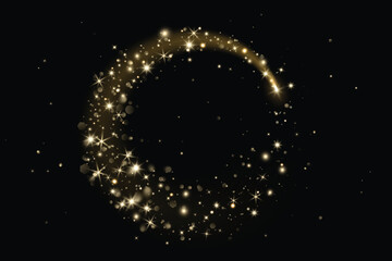 Add as overlay to any background or photo by using Screen mode. Golden glitter circle with sparkling lights, glow. Magic dust effect. Festive frame for Christmas, New Year cards, party posters.Vector.