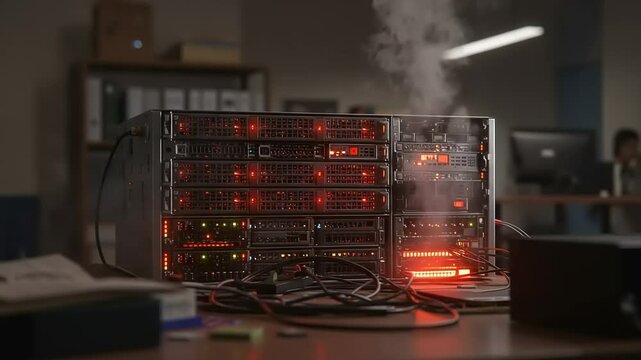 Data center server rack failure with smoke and flashing red lights problem concept