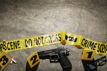 Forensic expertise. Crime scene with evidence, markers and police tape on grey background, flat...