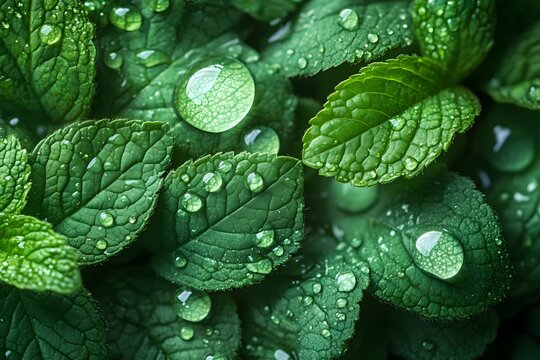 Fototapeta Refreshing Mint Leaves with Dew Drops for Organic Design and Nature Themes