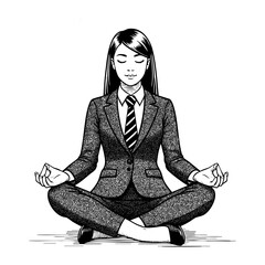 Woman yoga doing lotus pose wear suit engraving black and white outline. Scratch board imitation. illustrated in vintage line art style on a white background.