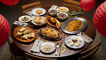Traditional Family Feast: A Warmly Lit Dining Table with Festive Food and Deco