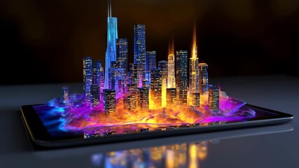 A vibrant digital cityscape emerging from a tablet, symbolizing the future of technology and urban development - Powered by Adobe