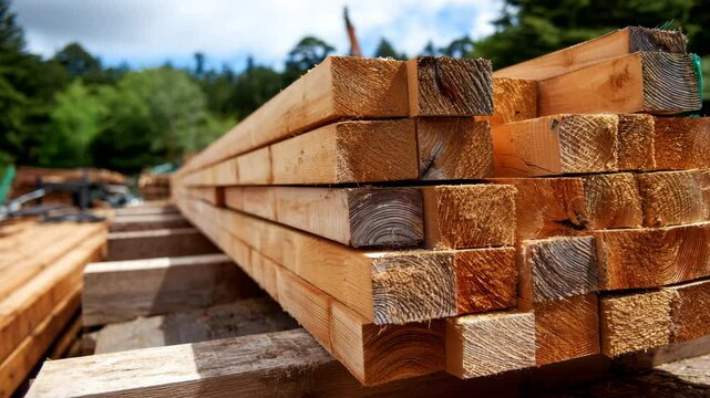 Neatly stacked timber planks ready for construction. The wood has a rich, natural grain, and is illuminated by sunlight