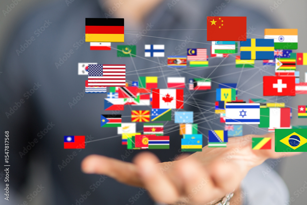 Poster image of interconnected flags representing global collaboration and international relations.