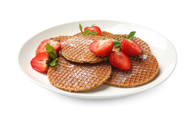 Tasty Dutch waffles (stroopwafels), mint and strawberries isolated on white