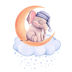 Adorable illustration of baby elephant sleeping on a crescent moon