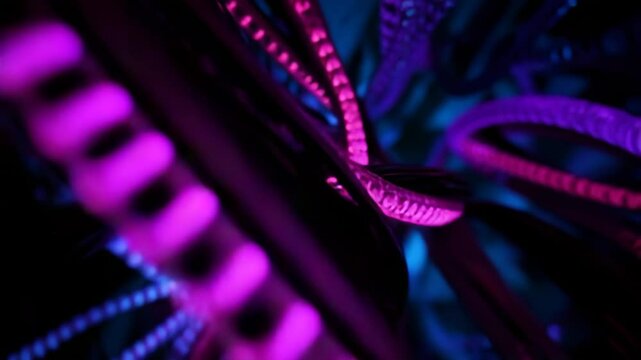 A futuristic space among the wires of a high-tech system with illuminated blue details and complex wiring
