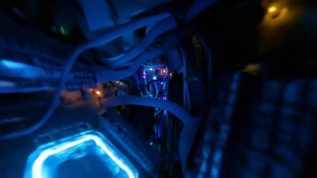 A futuristic space among the wires of a high-tech system with illuminated blue details and complex wiring