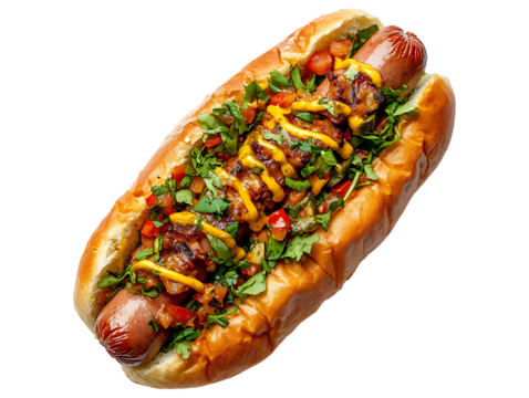 Loaded grilled hotdog with mustard and toppings isolated on transparent background