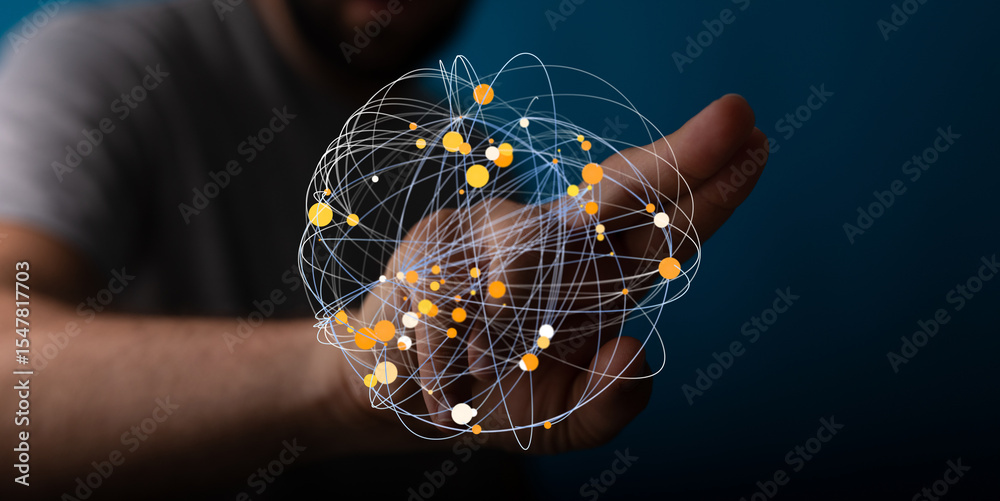 Poster hand interacting with a digital network sphere. represents connection, technology, and global commun
