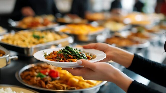 A plate of food being served with a buffet of dishes. The focus is on the hand holding a plate