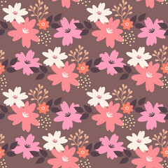 Seamless Floral Pattern with Pink, Cream and Peach Flowers on Warm Brown Background