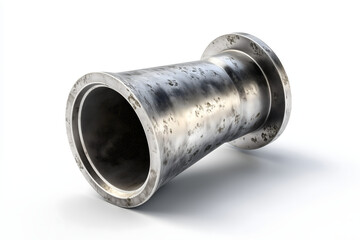 Realistic 3D rendering of a worn metal pipe fitting with flared ends, isolated on white background, showcasing industrial texture, corrosion details, and heavy-duty construction
