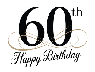 elegant 60th birthday celebration design with gold swirls, decorative typography, and script lettering on black background for festive use