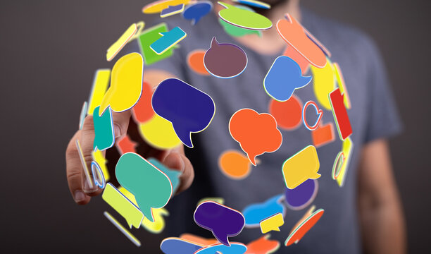 Abstract image of colorful speech bubbles symbolizing global communication and networking.