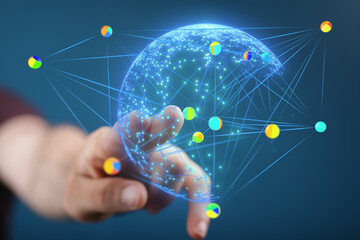 Hand interacting with a digital globe, showcasing global network connections and data visualization.