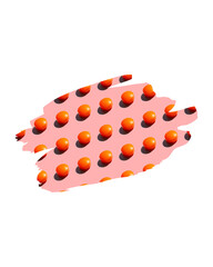 Abstract design featuring orange spheres on a pink background, with a paintbrush stroke.