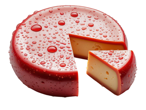 A round dutch cheese with a vibrant red rind and water droplets with a slice removed on a solid black background.