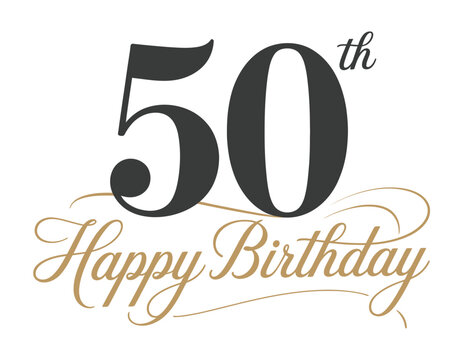 elegant 50th happy birthday celebration design featuring stylish black and gold typography with ornate accents on classic white background - Powered by Adobe