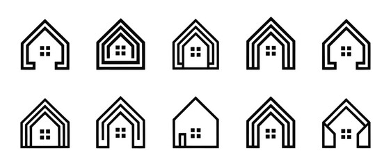 set of 10 minimalist black and white house icons featuring geometric designs, line art, and varied window patterns for design use