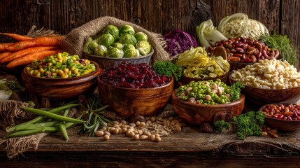 Farm to table fresh produce organic rainbow vegetables on rustic table natural food display in country environment