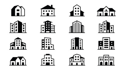 collection of 16 black and white line icons showcasing residential, commercial, and institutional building types for architectural design