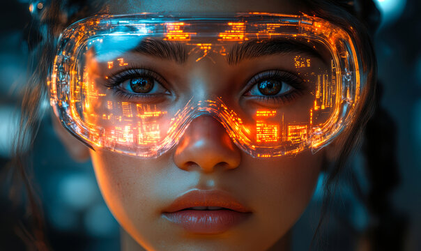 Close-up of young woman with reflective glowing futuristic augmented reality goggles displaying digital cityscape and technology elements on lenses in low light