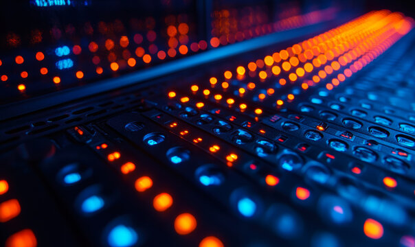 Close-up of illuminated server rack with glowing orange and blue LED lights in data center technology environment showing network and data processing equipment