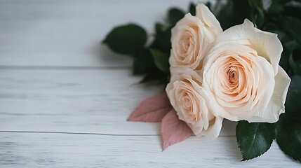 Delicate light peach roses with green leaves arranged elegantly on wood