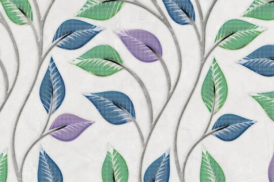 Colorful leaf pattern with green, blue, and purple leaves on white background, elegant decorative design for wallpaper, tiles, and interiors