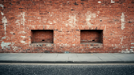 Old grunge urban background, weathered red brick wall with visible wear and tear, including some missing bricks and patched areas. The wall features two recessed